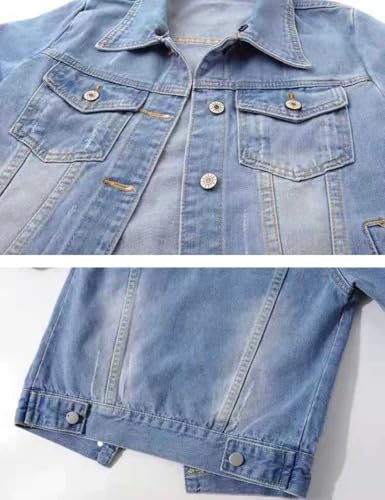 Huang's Women's Classical 3/4 Short Sleeves All Season Denim Jacket for women Button Front Light Wash Cotton Denim Jacket4