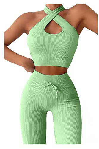 QINSEN High Waist Ruched Back Leggings for Women Seamless GMY Workout Halter Crop Tank Tops 2 Piece Outfits Green S