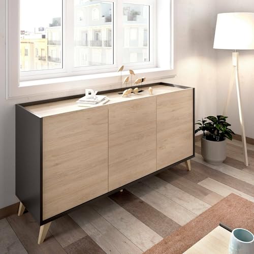 Dmora - Credenza Avez, Buffet da soggiorno, Madia moderna da salotto a 3 ante, 155x43h75 cm, Rovere e Antracite