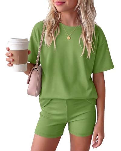 Image of Oakgarden Summer Outfits for Girls 5-14Y Athletic Casual Sets Kid Short Sleeve Shirt Bike Shorts 2 Piece Tween Trendy Clothes