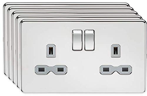 Screwless 13A 2G DP switched socket - polished chrome with grey insert