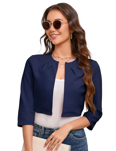 KOJOOIN Bolero corto elegante para mujer, manga 3/4, chaqueta de hombro, chaqueta festiva (embalaje multidirecciones), azul oscuro, S