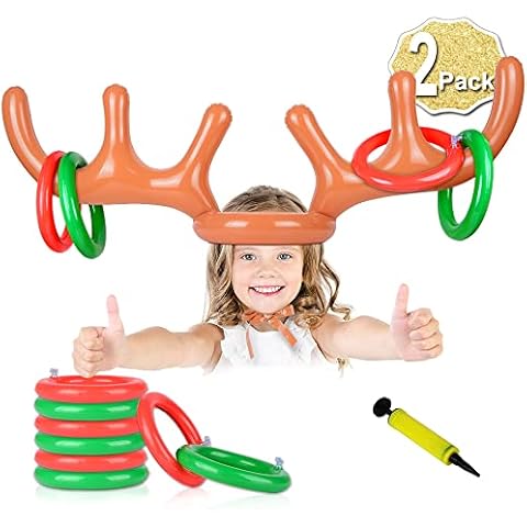 AniSqui 2 Set Inflatable Reindeer Antler Game, (2 Inflatable Antler, 12 Rings Reindeer Ring Toss) Inflatable Reindeer Antler Hat with Rings, Family Christmas Party Games Cover