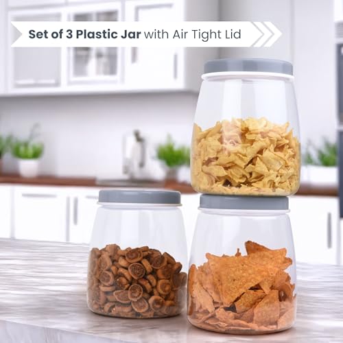 Image of FLAIR Cubics Airtight Food Storage Containers Set of 3 (1500ml each) with Spoons - Blue, BPA-Free, PET Plastic Jars, Durable, Space-Saving for Pantry, Snacks, Spices, Grains & More