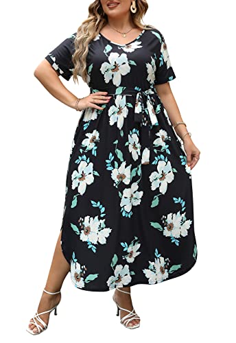 Image of Nemidor Womens Casual Plus Size Tie Waist Slit Long Maxi Dress with Pockets NEM313