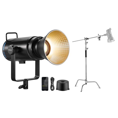 NEEWER CB200B 210W LED Video Light 2.4G/APP Remote Control with C Stand and Boom Arm Kit, All Metal Bi Color COB Continuous Output Lighting Bowens Mount 90000Lux/1m 2700K-6500K CRI/TLCI97+ 12 Effects