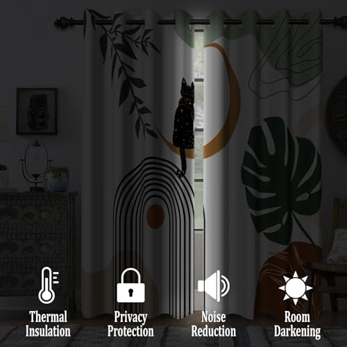 Renaiss Boho Mid Century Blackout Curtains for Bedroom Funny Black Cat Abstract Green Leaf Arch Sun Window Curtain Modern Minimalist Window Drapes for Living Room Decor 2 Panels Set, 42x63 Inch by Renaiss - Image 2