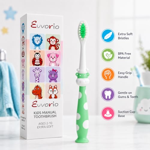 Image of Toothbrush for Kids with Ultra Soft Bristles for Oral Cleaning, Suitable For 2-12 Years Toddlers, Giraffe Design, Green, Pack of 1