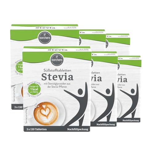 BORCHERS Stevia Süßstofftabletten Nachfüllpack Tafelsüße 6x 360 Tabletten Stevia-Zucker-Mischung kalorienarm praktischer Spender Süßungsmittel Zuckeralternative