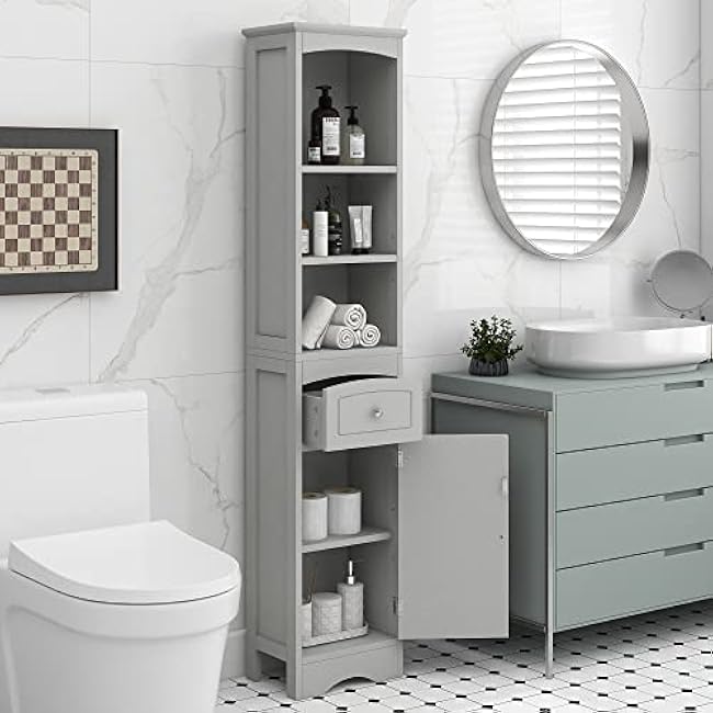 Grey Bathroom Cabinet, Freestanding Storage Cabinet with Drawer and Adjustable Shelf