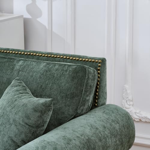 Image of KEIKI 87 inch Oversized Chenille Sofa with Rolled Arms and Nailhead Trim, Upholstered Modern Style 3-Seater Couch with High-Density Foam Cushions, Easy Assembly, for Apartment, Living Room, Green