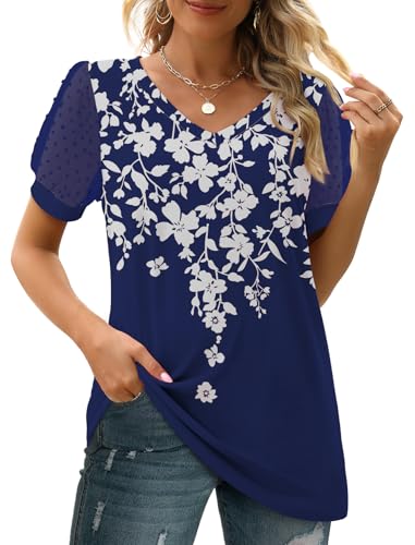 Image of Aokosor Womens Summer Tops V Neck T Shirts Swiss Dot Puff Sleeve Tops Loose Casual Tshirts