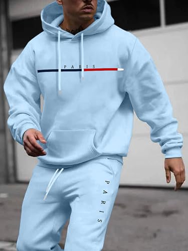 ZAFUL Men's Hooded Sweatshirt Graphic Colorblock Two Tone Fleece Lined Pullover Thermal Hoodie (PARIS-Light Blue, XL)2