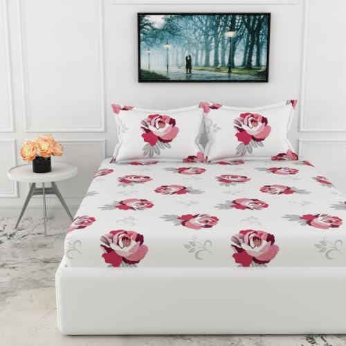 Image of LORETO - A QUALITY LINEN BRAND 210 TC 100% Pure Cotton Double /Queen Fitted Bedsheet with 2 Pillow Covers for 78 x 60 Inch Mattress, All-Around Elastic, 8 Inch Deep Pocket, Wine & Pink Floral