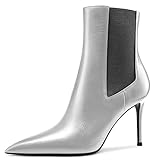Aachcol Women Ankle Boots Short Bootie Stiletto High Heel Pointed Toe Zipper Matte Silver 3 Inch 9.5 US