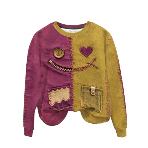 Halloween Sweatshirt Women Patchwork Pullover Ragdoll Doll Face with Pocket - image 1
