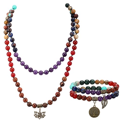 Kingdder 3 Pcs 7 Chakra Meditation Jewelry Gifts for Women 108 Mala Beads Necklace Healing Mala Beads Necklace Strech Bracelet Set Yoga Reiki Jewelry