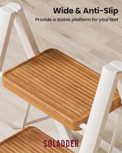 Image of SOLADDER 2 Step Ladder, Lightweight Folding Step Stool, White+Woodgrain