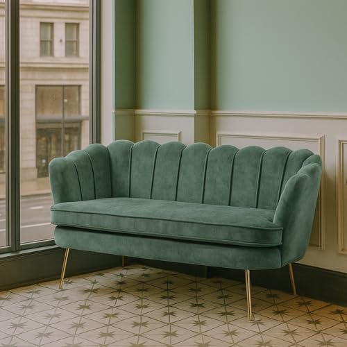 Aortzio 59 Loveseat Sofa Modern Chenille 2-Seater Sofa with Golden Legs Comfy Upholstered Shell Accent Couch for Studio Living Room Store Office (Green).