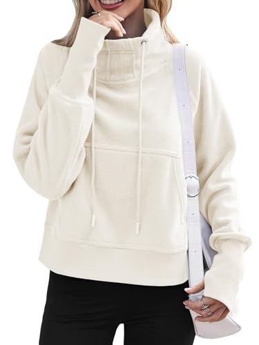 Fisoew Fleece Sweatshirts for Women Sherpa Long Sleeve Turtleneck Winter Pullover Tops Thumb Hole White
