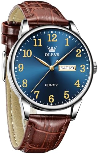 OLEVS Mens Leather Watches with Blue Face Brown Waterproof Mens Watch Leather Band Fashion Brown Leather Watches for Men Business Dress Specifically Designed for Men Reloj para Hombre