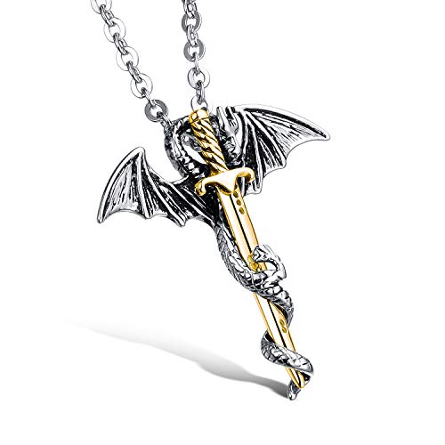 OSTAN Bijoux Hommes Warrior King 316L Acier inoxydablel Millésime Gothique Dragon épée Pendentif Collier - Argent and Or (Couleur - A)