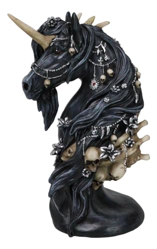 Image of Ebros Gift Gothic Macabre Collection Black Dark Unicorn Horse with Skeleton Bones and Skulls Bust Figurine 10" H Myths and Legends Fantasy Accent