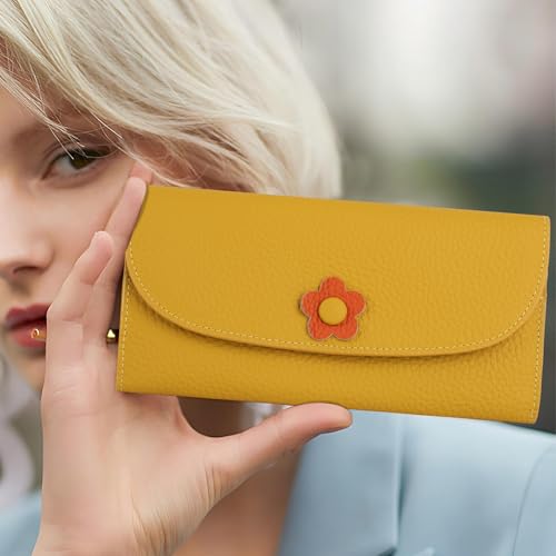 Women's Floral Genuine Leather Long Envelop Wallet Clutch Purse Large Capacity (Yellow)2