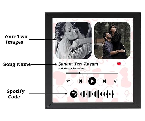 Image of Personalized Heart Background Wall Mount Spotify Song Barcode Frame With Photo&Music Name Digital Print Wooden Photo Frame For Birthday Gifts-Peach&White-8X8 Inch