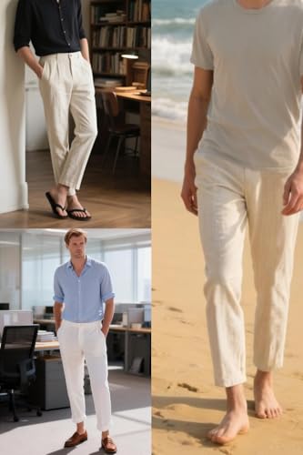 Image of GINGTTO Linen Pants Men Slim Fit Elastic Waistband Lightweight Summer Beach Fashion Casual Pant