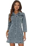 Allegra K Vestido de mezclilla con botones para mujer, manga 3/4, vestido corto para verano, Gris azul, Large