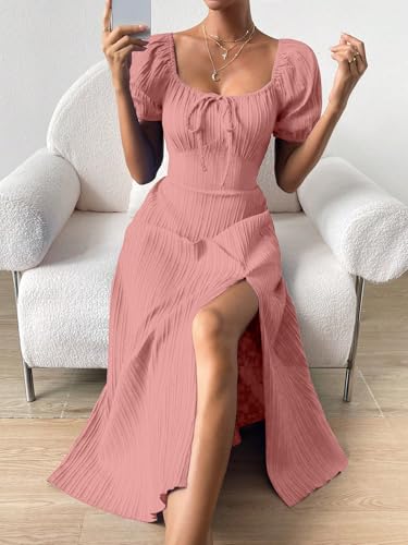 Image of Shasmi Women's & Girl's Tie Front Split Thigh Milkmaid Maxi Dress - Square Neck Puff Sleeve A-Line Long Dress, Elegant Casual & Parties Wear for Ledies (Dress 245)