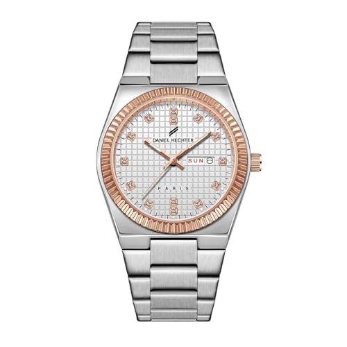 Image of Daniel Hechter Hoche Collection Classic Analog Watch for Men - Textured Dial,Crystal Indices with Fluted Bezel, Date Display and Silver Stainless Steel Strap