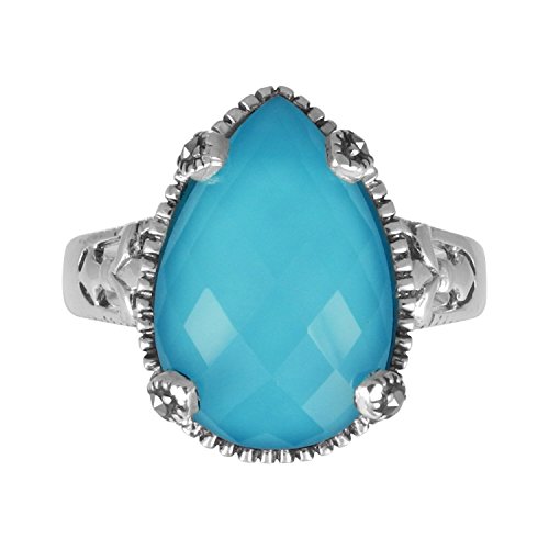 Image of MARC 925 Sterling Silver 9.40 ct Crystal Turquoise Doublet & 3 /5 ct Round Marcasite Pear Ring