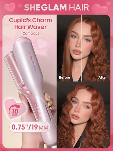 Image of SHEGLAM Pink Beach Wave Hair Waver 0.75 inch - Lightweight Dual Voltage Crimper for Women, Smart Timer Double Barrel Tool with Adjustable Temps & Anti-Scald for Mermaid Waves on Short Hair
