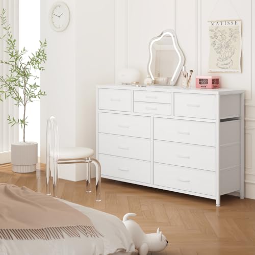 GAOMON 10 Drawers Fabric Dressers for Bedroom, Modern Chest of Drawers, Lightweight Entertainment Center with Fabric Bins for Living Room, Hallway, 45" Wide TV Stand Dressers, Wood Top, Steel Frame