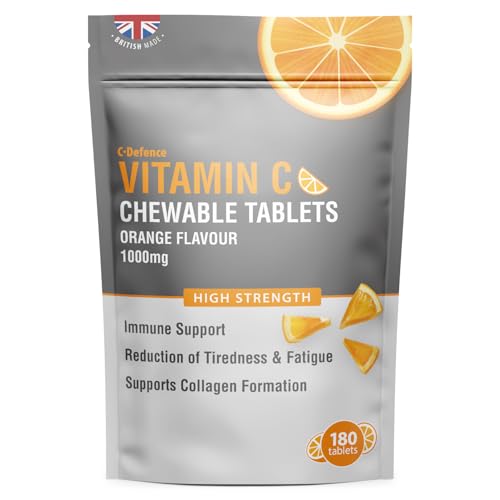 Vitamin C Chewable 180 Orange Tablets 1000mg, Supports Immune Health and Helps Fight Colds - Helps Reduce Tiredness and Fatigue