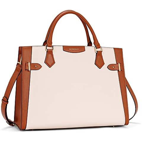 WESTBRONCO Womens Briefcases 15.6 inch Laptop Messenger & Shoulder Bags Waterproof Leather Shoulder Bag Business Tote Handbag, Beige, 16.93"(L) x 5.91"(W) x 12.20"(H), Business Cover