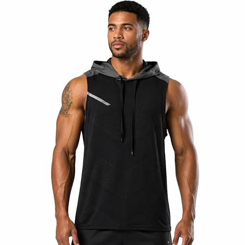 Image of Mens Sleeveless Workout Hoodie Shirts Cut Off Hooded Athletic Gym Tank Tops for Men T55N