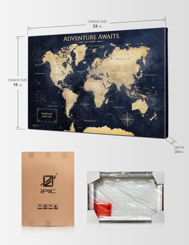 Image of IPIC - World Map Canvas Painting for Wall Decor, Pinnable World Map to Mark Travels, World Travel Map Print for Home, Office, Study, and RV, Ready to Hang