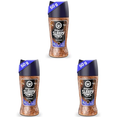 Image of Sleepy Owl Premium Original Instant Coffee Powder | 100% Arabica Freeze Dried Coffee - 50g | Make Cafe Style Hot or Cold Coffee, Black Coffee, Cappuccino, Latte at Home | Makes 25 Cups (Pack of 3)