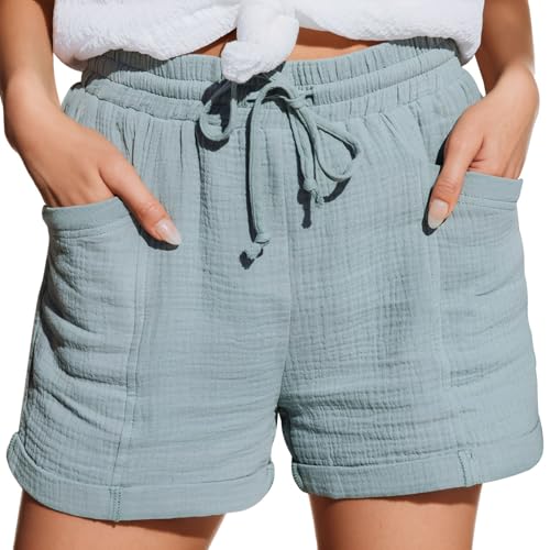 Zhiaek Musselin Kurze Hose Damen Shorts Damen Sommer Baumwolle Leinen Weite Kurze Hosen mit Taschen Lässige Stoffhose mi...