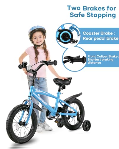 BODIOO Kids Bike Bicycle 14 Inches Kid Bicycle for Boys Girls with Training Wheels Sturdy Frame Adjustable Seat Handbrake and Coaster Brake for Rider 37 to 42 Inch(Blue)