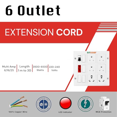 Image of BITCORP 16A Heavy Duty Power Extension Board with 6 Socket 4 MCB, 3500W MCB Overload Protector, 3 Meter 2.5mm Electric Cord for AC, Refrigerator, EV Charger, Washing Machine, Geyser
