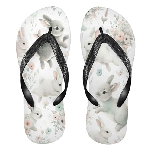 Burbuja Rabbits Flowers Flip Flops for Women Men, Soft Thong Sandals Rubber Slippers for Pool Beach Essentials
