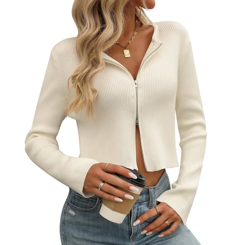 Sumleno Women Y2k Zip Up Cropped Cardigan Sweater Long Sleeve Solid Color Slim Fit Ribbed Knit Tops Trendy Fall Clothes