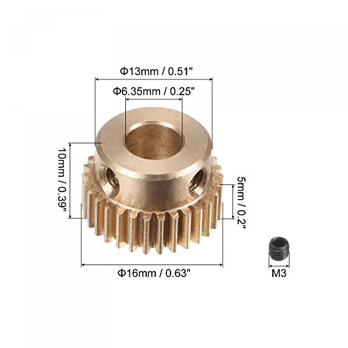 Image of uxcell Pinion Gear Set, Brass Motor Rack Straight Spur Gear with Step, 0.5 Mod 30T 6.35mm Bore 16mm Outer Dia, M3 Set Screws Included