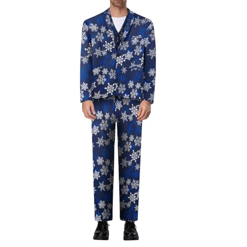 Men's Christmas Suit 3 Piece Slim Fit Xmas Printed Blazer Jacket Pant Vest Formal Dress Party Prom Outfits (#1-Blue Snowflake, L)