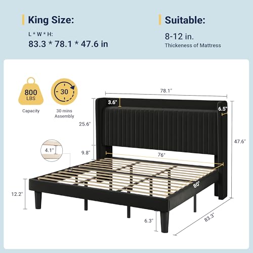 Image of Allewie King Size Platform Bed Frame with USB Charging Station and Storage Shelf /Upholstered Velvet Wingback Headboard /Wooden Slats Support /No Box Spring Needed /Easy Assembly, Black