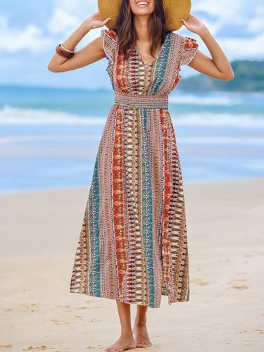 Image of CUPSHE Women's Maxi Dress V Neck Boho Multicolor Flutter Sleeve Smocked Slit A Line Summer Formal Dress